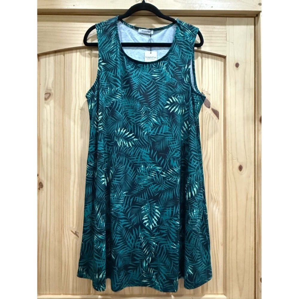 SimpleFun Womens Tropical Palm Leaf Sleeveless Swing Dress Teal Green XL NWT